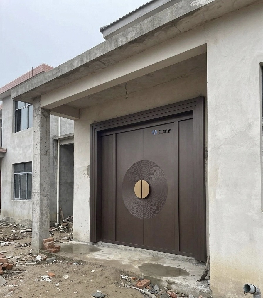 自建房铸铝门门头与地面收口施工现场